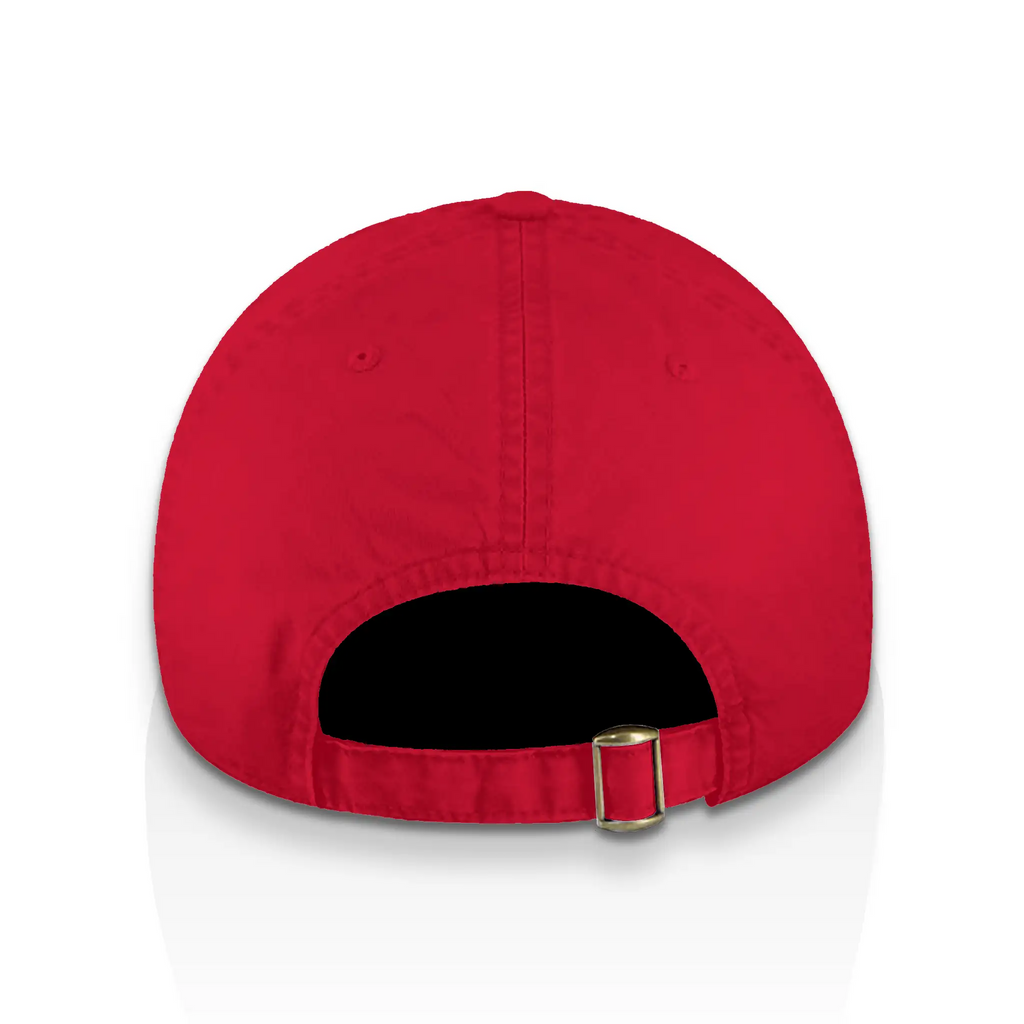 Low Profile Cap, black logo on red, strap